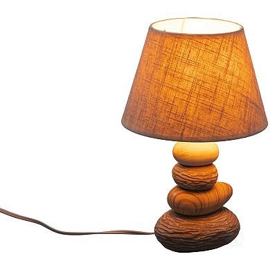 Ceramic Table Lamp, with Beige, Brown, and White Stones and Beige Linen Lampshade, 14 inches tall