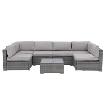 7 pc Outdoor Patio Furniture Set, All Weather Grey Pe Wicker Rattan Sectional Conversation Set