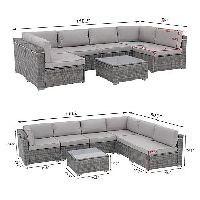 7 Pieces Outdoor Patio Furniture Set, All Weather Grey Pe Wicker Rattan Sectional Conversation Set