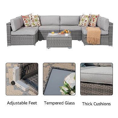 7 Pieces Outdoor Patio Furniture Set, All Weather Grey Pe Wicker Rattan Sectional Conversation Set