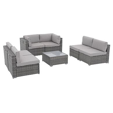 7 Pieces Outdoor Patio Furniture Set, All Weather Grey Pe Wicker Rattan Sectional Conversation Set