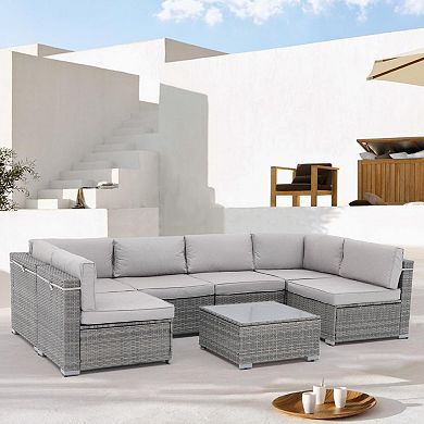 7 Pieces Outdoor Patio Furniture Set, All Weather Grey Pe Wicker Rattan Sectional Conversation Set