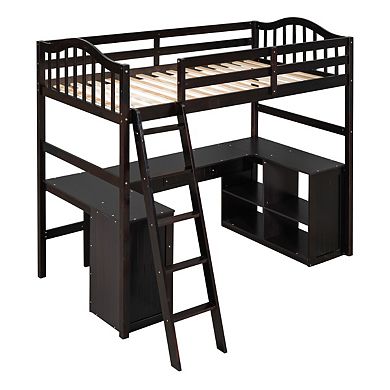 Twin Size Loft Bed With Drawers, Cabinet, Shelves And Desk, Wooden Loft Bed With Desk