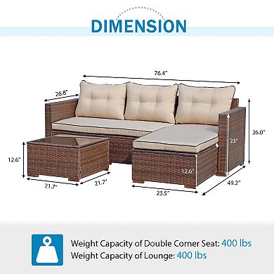 3 pieces Outdoor Patio Rattan Wicker Furniture Set With Cushions