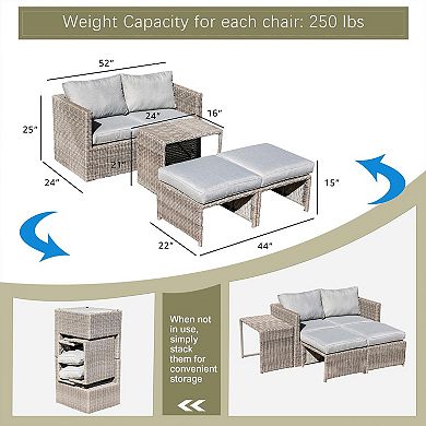 5 Pieces Outdoor Patio Conversation Balcony Set with 2 Armchairs, 2 Ottomans and 1 Coffee Table