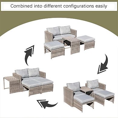 5 Pieces Outdoor Patio Conversation Balcony Set with 2 Armchairs, 2 Ottomans and 1 Coffee Table