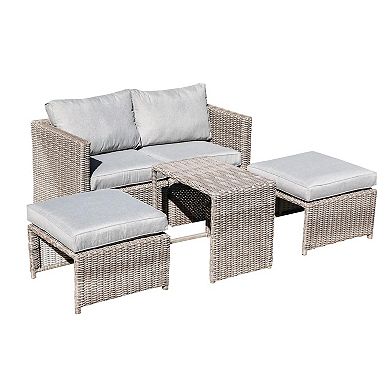 5 Pieces Outdoor Patio Conversation Balcony Set with 2 Armchairs, 2 Ottomans and 1 Coffee Table