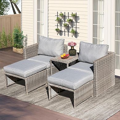 5 Pieces Outdoor Patio Conversation Balcony Set with 2 Armchairs, 2 Ottomans and 1 Coffee Table