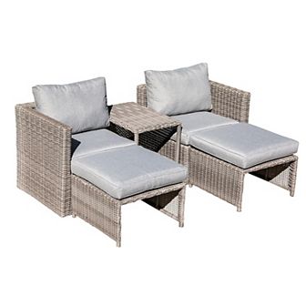 5 pc Outdoor Patio Conversation Balcony Set with 2 Armchairs, 2 Ottomans and 1 Coffee Table