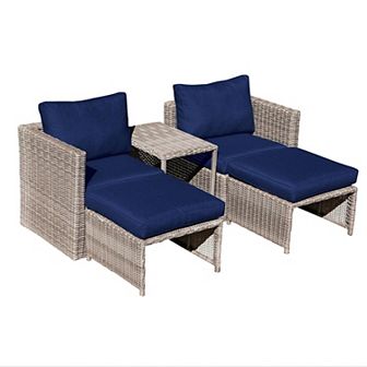 5 pc Outdoor Patio Conversation Balcony Set with 2 Armchairs, 2 Ottomans and 1 Coffee Table