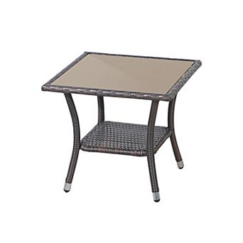 Outdoor Side Table, Patio Wicker Coffee Table Tempered Glass Top End Table With Aluminum Frame