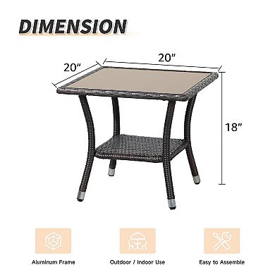Outdoor Side Table, Patio Wicker Coffee Table Tempered Glass Top End Table With Aluminum Frame
