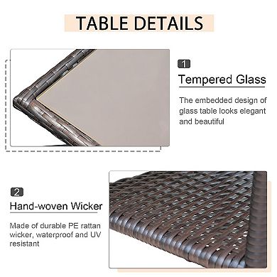 Outdoor Side Table, Patio Wicker Coffee Table Tempered Glass Top End Table With Aluminum Frame