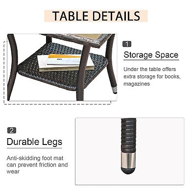 Outdoor Side Table, Patio Wicker Coffee Table Tempered Glass Top End Table With Aluminum Frame