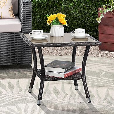 Outdoor Side Table, Patio Wicker Coffee Table Tempered Glass Top End Table With Aluminum Frame