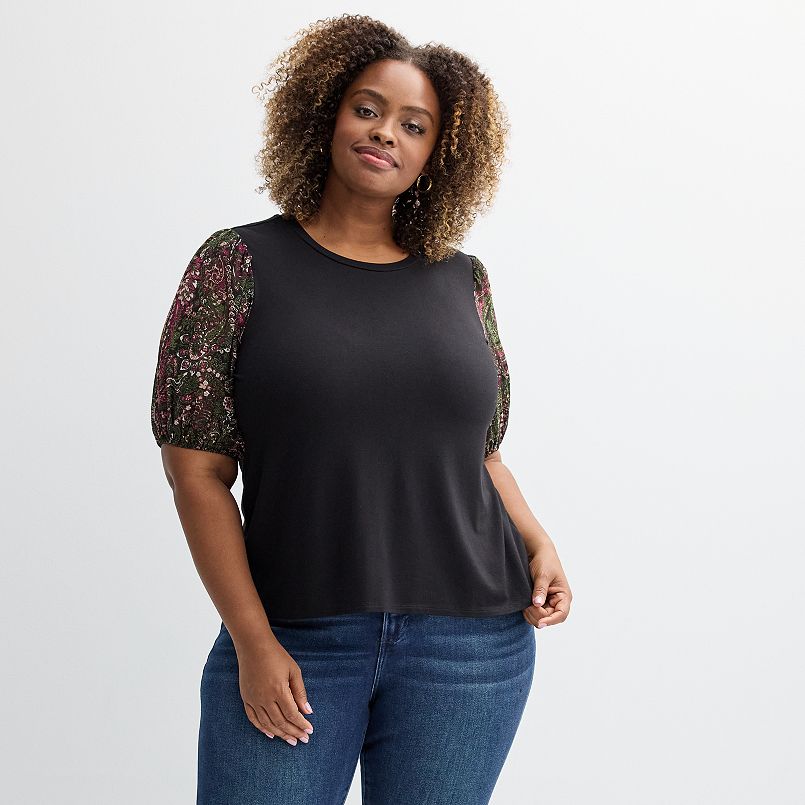 Plus Size Chelsea & Theodore Elbow Sleeve Jersey Top with Printed Woven Sleeves