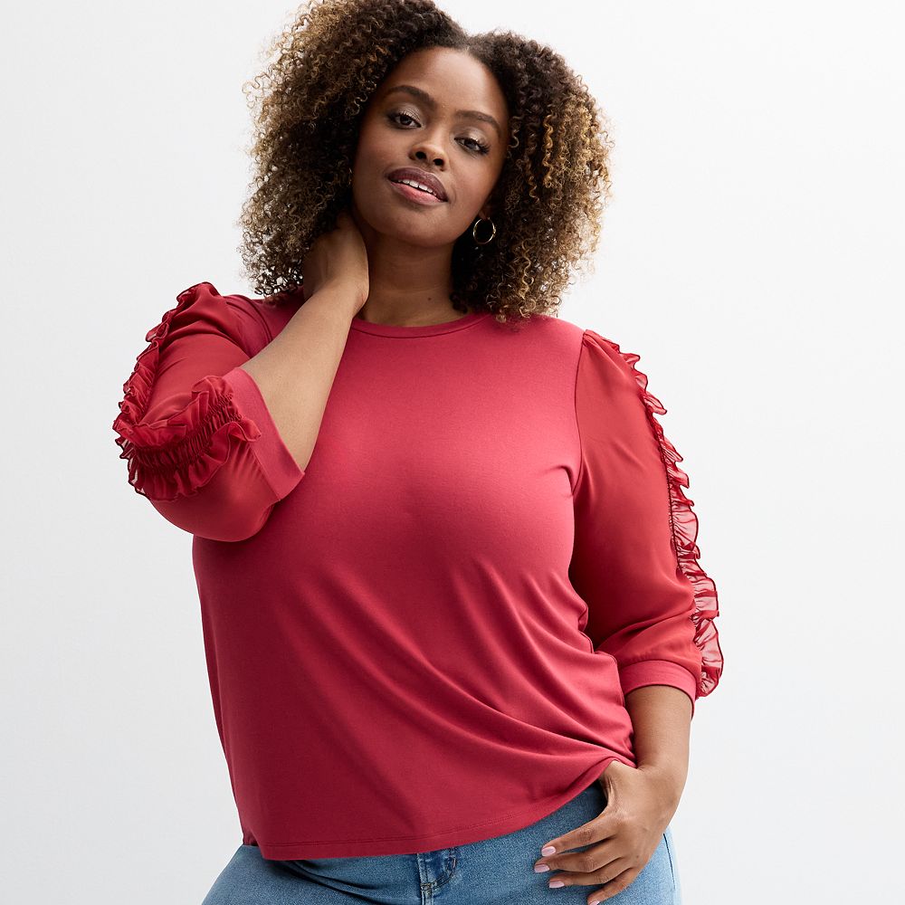 Plus Size Chelsea & Theodore 3/4-Sleeve Woven Ruffle Blouson Sleeve Top