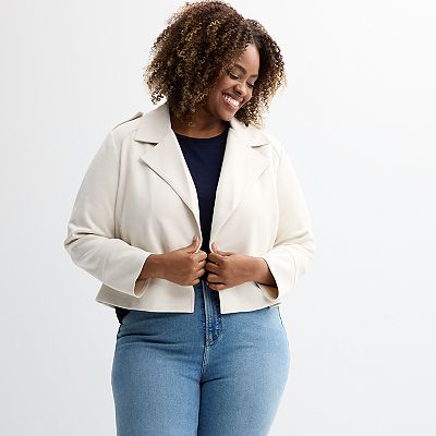 Plus Size Chelsea Theodore Long Sleeve Faux Suede Open Front Moto Jacket