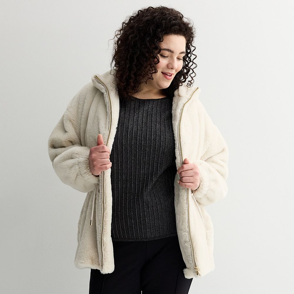 Plus Size Catherine Malandrino Long Sleeve Faux Fur Jacket