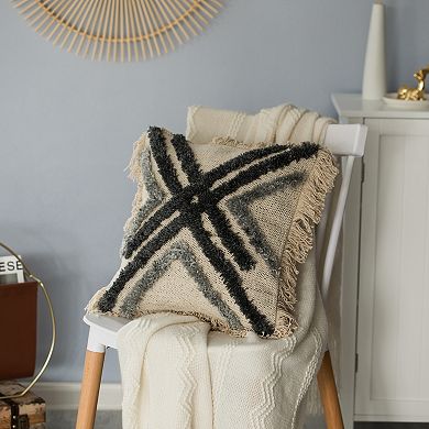 Handwoven Cotton & Silk Throw Fringed Pillow Cover with Embossed Crossed lines with Filler