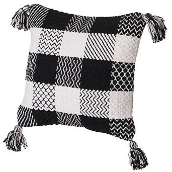 Handwoven Cotton Throw Pillow Cover with Patterned Gingham Design and Tasseled Corners