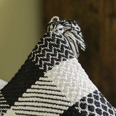 Handwoven Cotton Throw Pillow Cover with Patterned Gingham Design and Tasseled Corners
