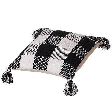Handwoven Cotton Throw Pillow Cover with Patterned Gingham Design and Tasseled Corners