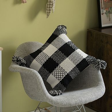 Handwoven Cotton Throw Pillow Cover with Patterned Gingham Design and Tasseled Corners