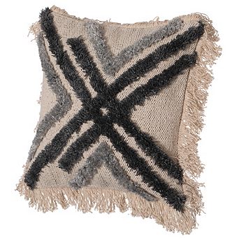 Handwoven Cotton & Silk Throw Fringed Pillow Cover with Embossed Crossed lines