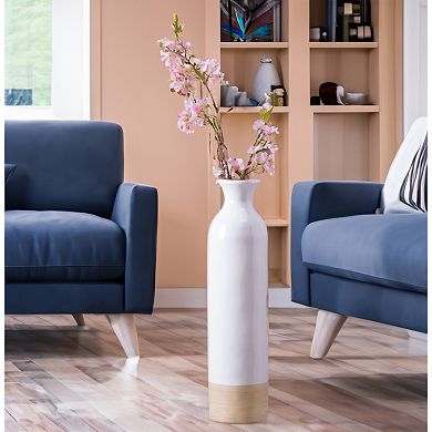 Cylinder Shaped Tall Spun Bamboo Floor Vase with a Glossy Lacquer and Natural Bamboo Finish