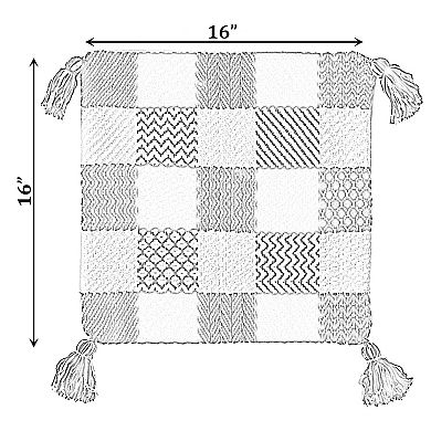 Handwoven Cotton Throw Pillow Cover with Patterned Gingham Design and Tasseled Corners with Filler