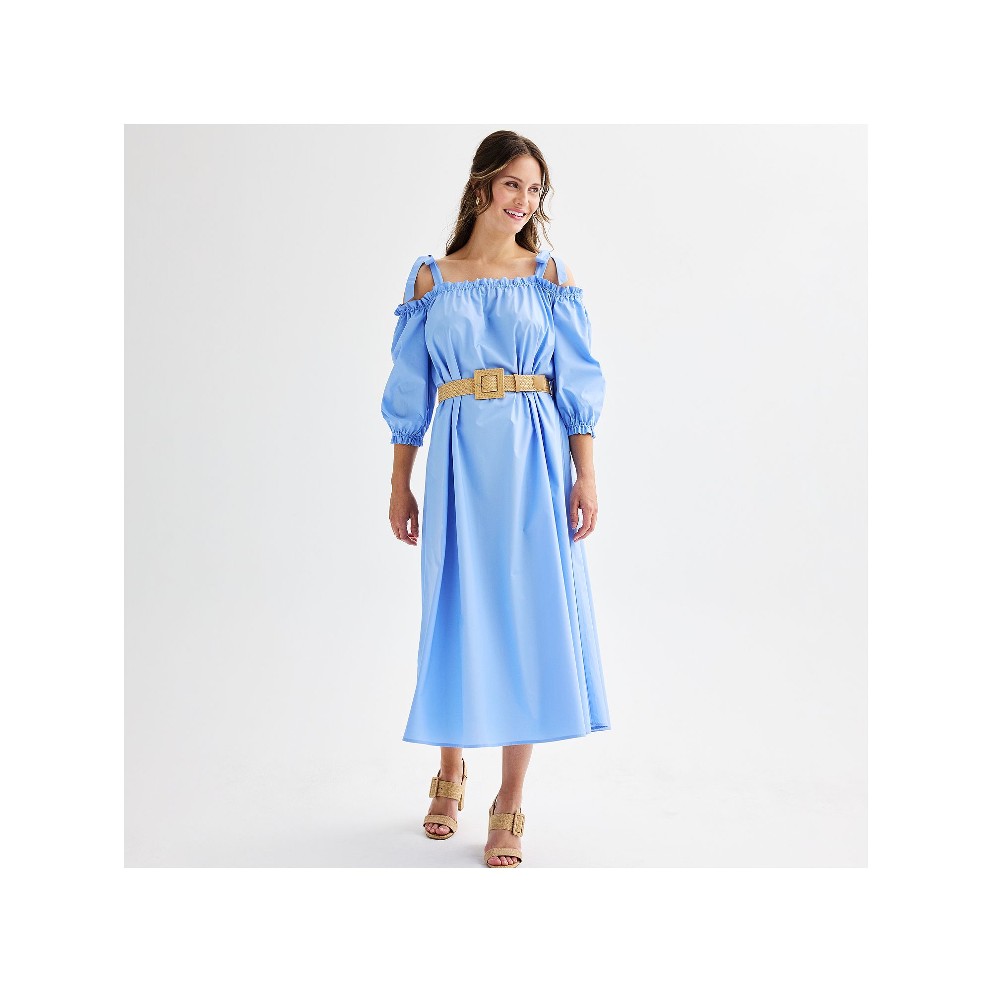 Womens Ellen Tracy Cold Shoulder Belted Maxi Dress with Ties, Size: XS, Fr