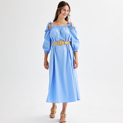 Women s Ellen Tracy Cold Shoulder Belted Maxi Dress with Ties