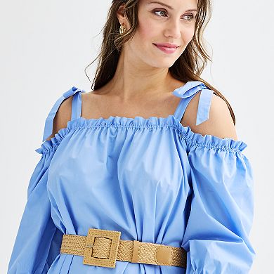 Women's Ellen Tracy Cold Shoulder Belted Maxi Dress with Ties