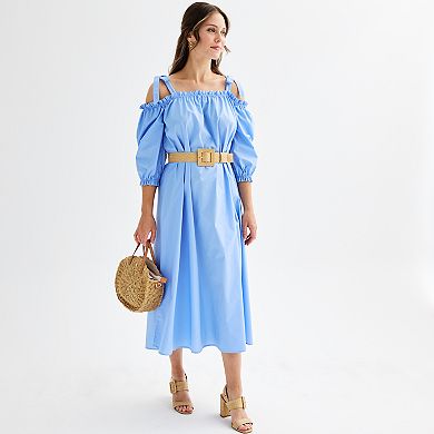 Women's Ellen Tracy Cold Shoulder Belted Maxi Dress with Ties