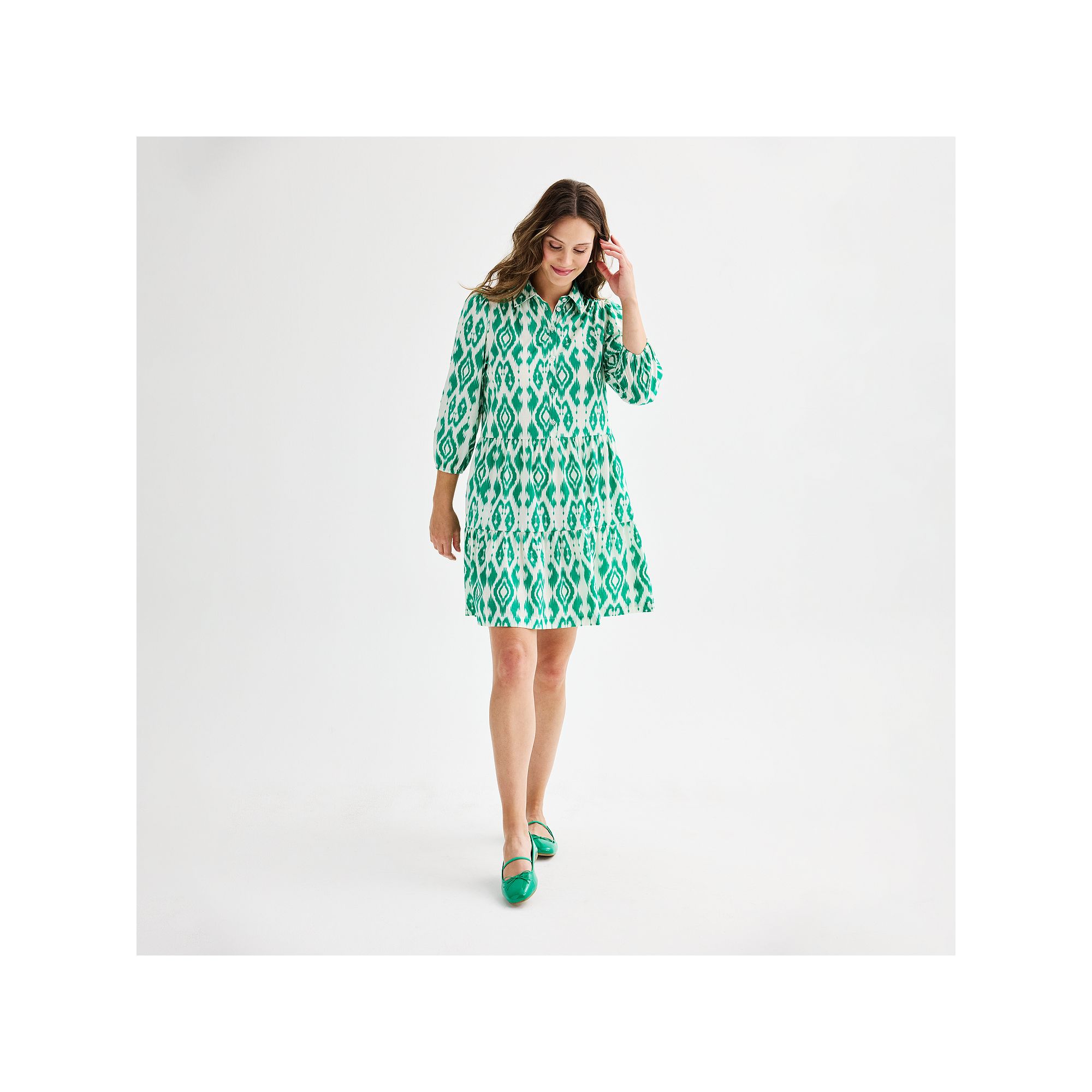Womens Ellen Tracy Shirt Dress with Flounce Hem, Size: XS, Green Print