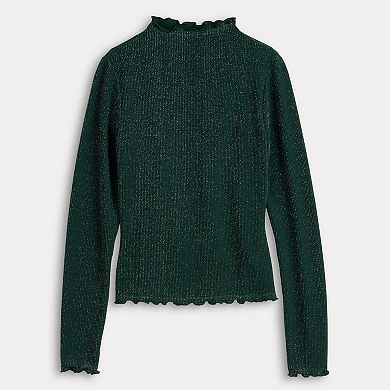 Juniors' SO® Sparkle Rib Knit Mockneck Scallop Edge Top