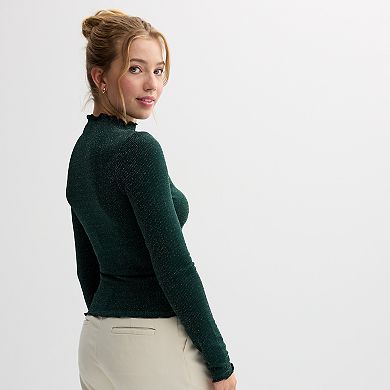 Juniors' SO® Sparkle Rib Knit Mockneck Scallop Edge Top