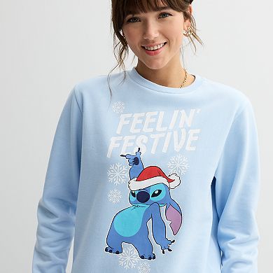 Disney's Lilo & Stitch Feelin' Festive Santa Hat And Snowflakes Juniors' Graphic Pullover