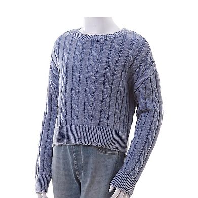 Girls 7-16 Mini Society Washed Cable Knit Crewneck Sweater