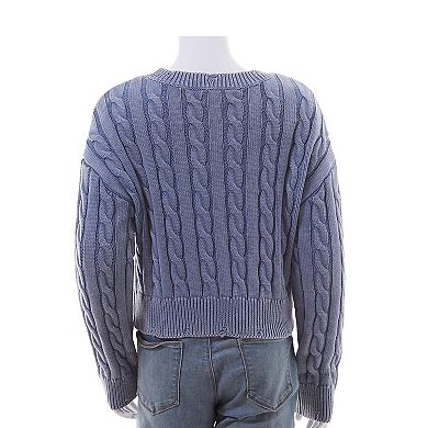 Girls 7-16 Mini Society Washed Cable Knit Crewneck Sweater