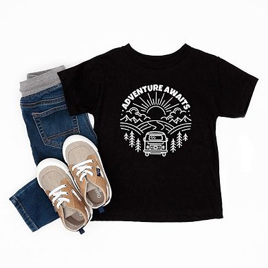 Adventure Awaits Landscape Circle With Van Toddler Short Sleeve Graphic Tee
