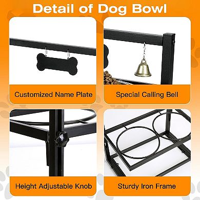 Adjustable Height Dog Raised Bowls With Bell Name Plate