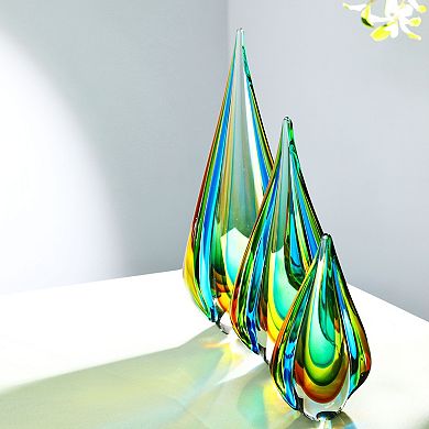 Luxury Lane Hand Blown Green Flame Teardrop Sommerso Art Glass Sculpture