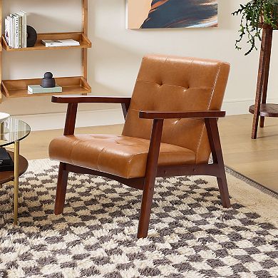LuxenHome Accent Chair Living Room Faux Leather Brown Armchair