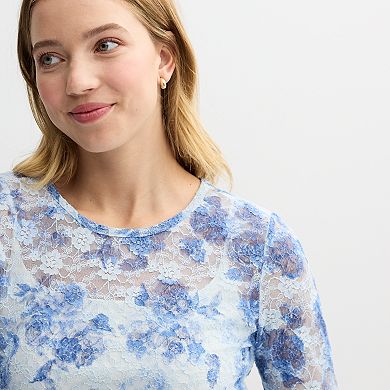 Juniors' Almost Famous Long Sleeve Printed Lace Tee