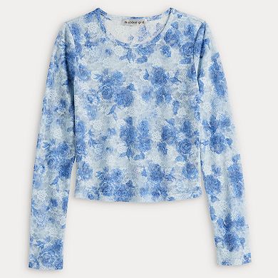 Juniors' Almost Famous Long Sleeve Printed Lace Tee