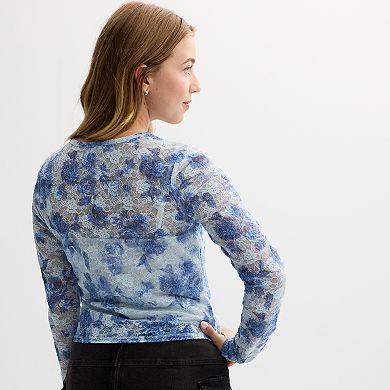 Juniors' Almost Famous Long Sleeve Printed Lace Tee