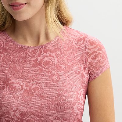 売れ筋商品|||マッデンガール カットソー トップス レディース Juniors' Floral Printed Lace Cap-Sleeve Top Rose Combo Juniors' madden girl Short Sleeve Mesh Top