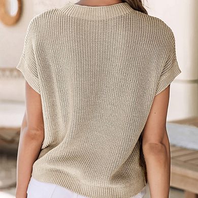 Womens Patch Pocket Short Sleeve Sweater